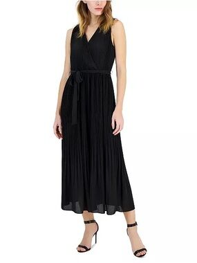 ELIE TAHARI Black Pleated Faux Wrap Belted Midi Dress Sz S